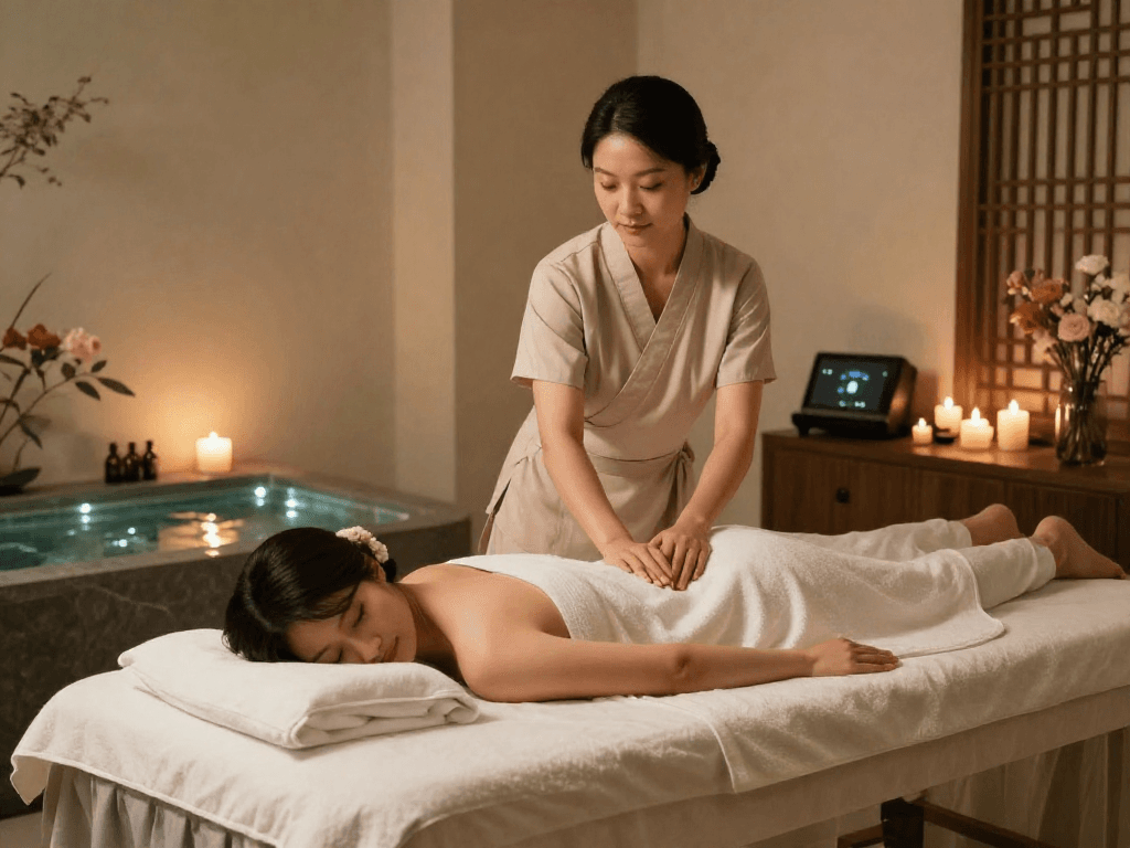 Experience luxurious 한국인출장 in a serene home spa setup with calming ambiance and professional massage.