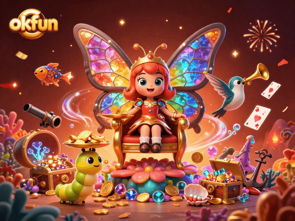 Win big at okfun with a vibrant 3D casino illustration showcasing a butterfly queen and treasure beneath the sea.