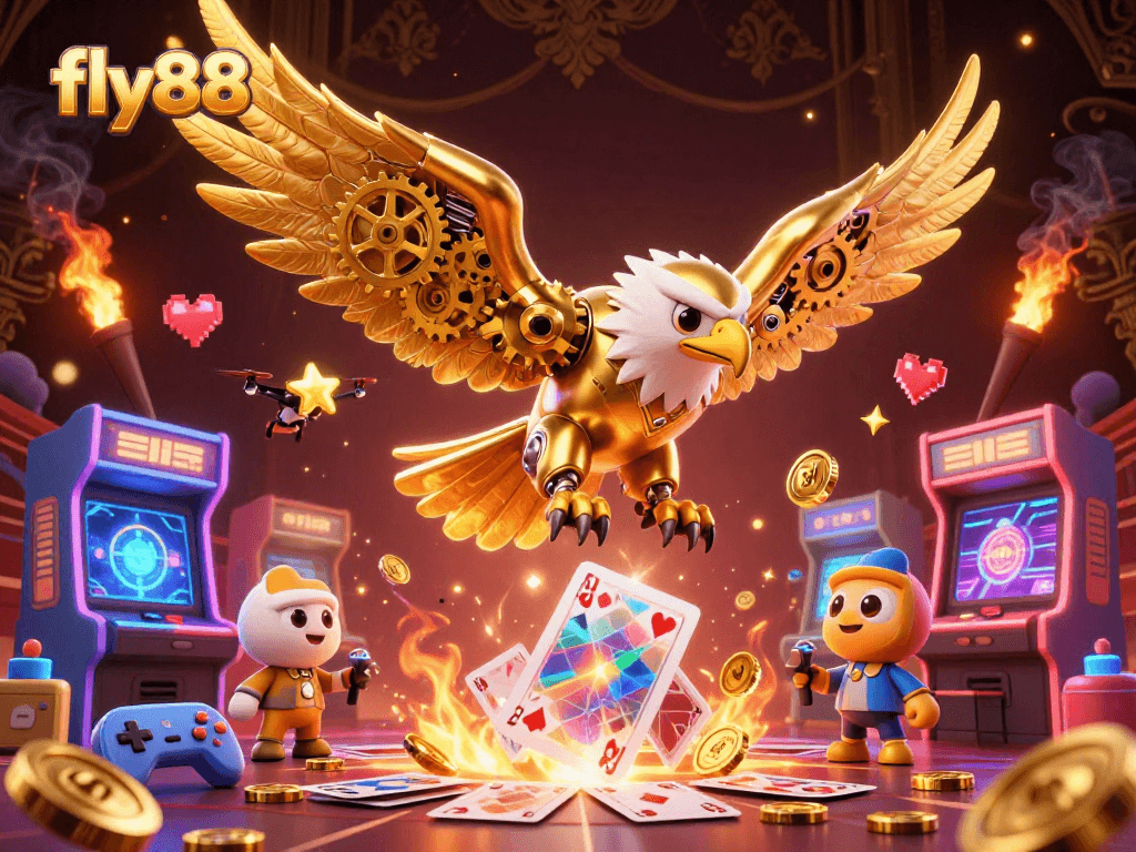Experience thrilling action at fly88 with a cybernetic eagle soaring amidst vibrant casino elements.