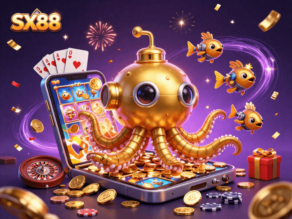 SX88 inspires players with a vibrant underwater scene featuring a golden kraken and exciting casino elements.