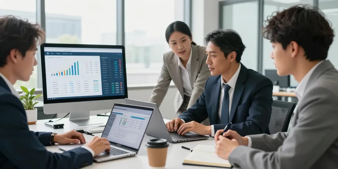 Team discussing accounting software for small business strategies in a modern office.