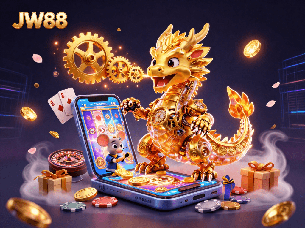 Engage with JW88’s unique 3D dragon illustration, bursting with casino game elements.