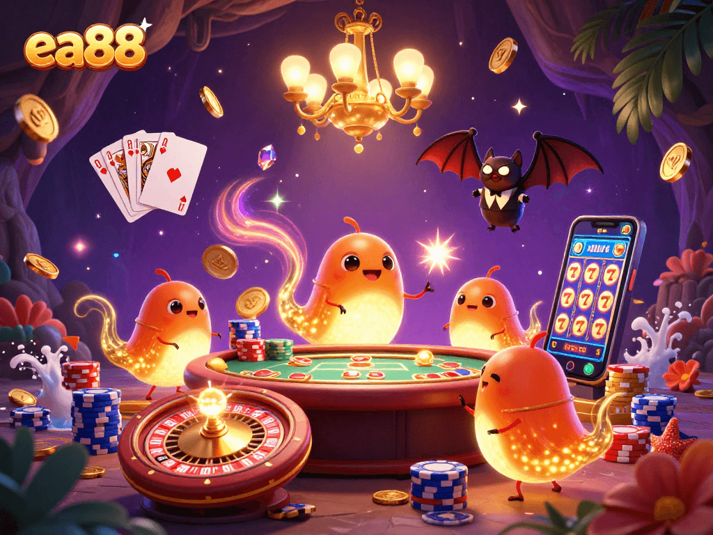 Win big at ea88 with a vibrant 3D casino scene featuring glowworms and a bat dealer in an enchanted setting.