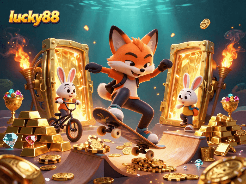 Experience thrilling moments with lucky88 as the skateboarder fox and BMX rabbit perform over golden poker chips.