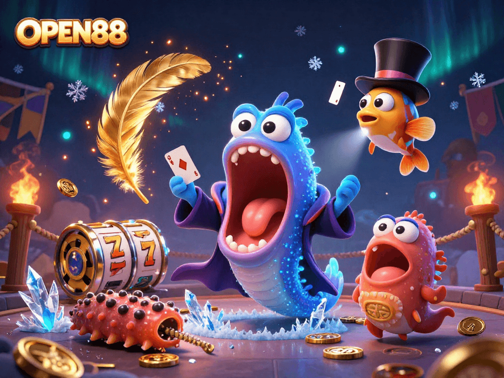OPEN88 features a magical card act with deep-sea characters, vibrant casino elements, and sparkles.