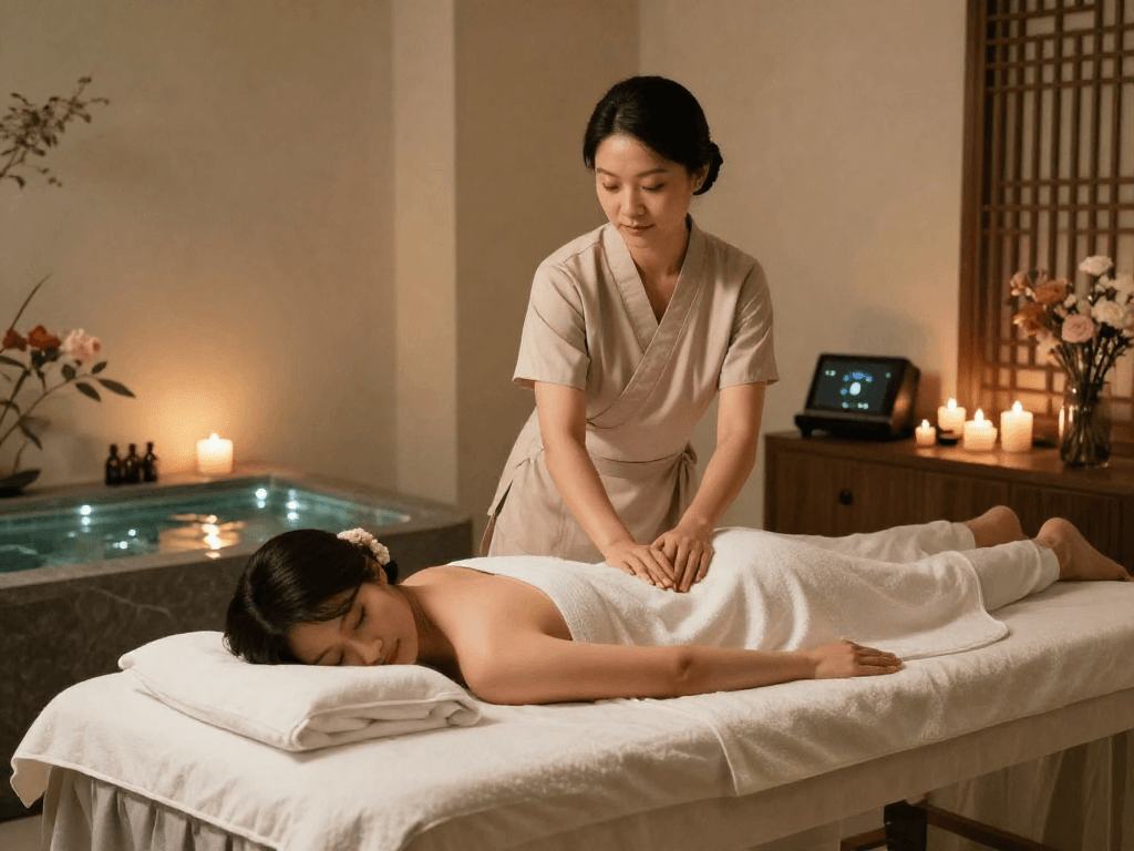 Experience luxurious 한국인출장 in a serene home spa setup with calming ambiance and professional massage.