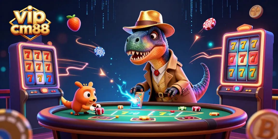 Engage in thrilling gameplay at vip cm88 with a velociraptor card counter amidst vibrant casino elements.