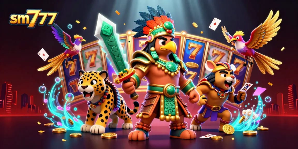 Experience the thrilling gameplay at sm777 featuring vibrant slots, Aztec warriors, and dynamic casino elements.