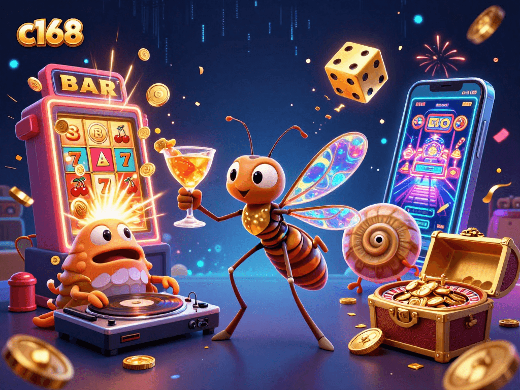 Experience thrilling games and jackpots at c168 with animated characters and casino elements.