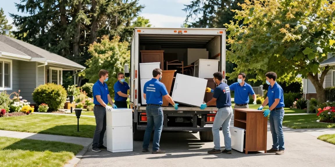 Efficient team providing target Junk Removal Vancouver service, loading truck with household junk.