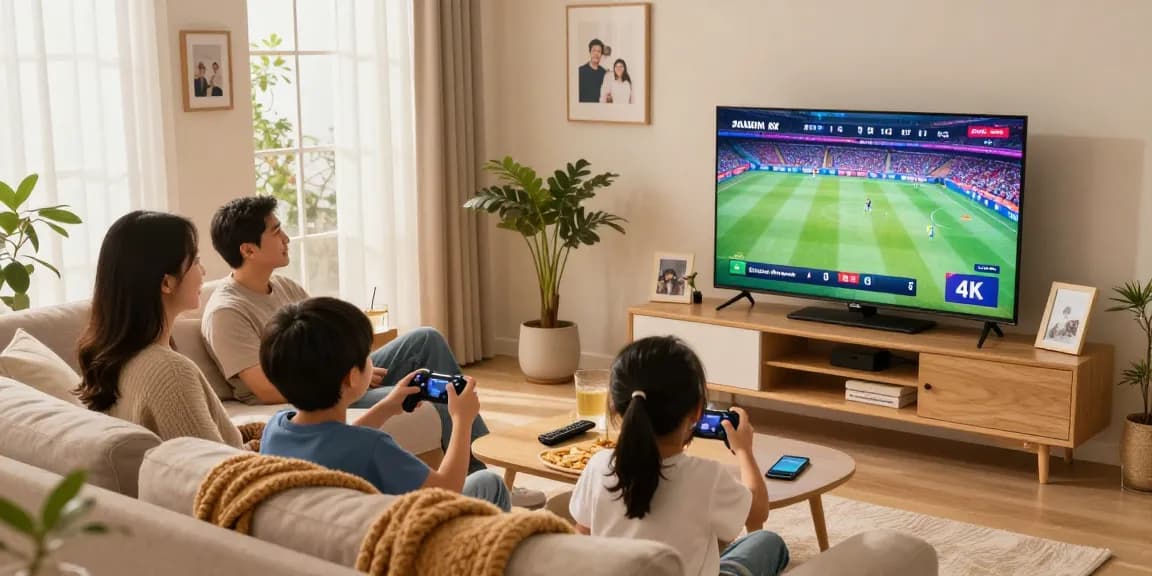Enjoying Best IPTV Canada with family in a cozy living room, streaming 4K sports together.