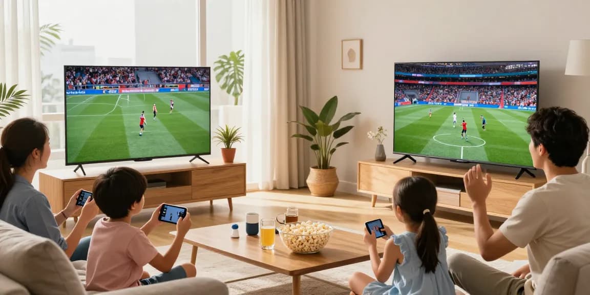 Family enjoying IPTV sports and entertainment in a cozy living room setup, highlighting modern technology in 2026.