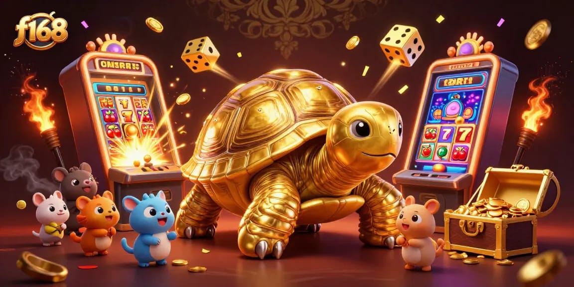 Experience thrilling moments with f168 in this vibrant casino scene featuring a colossal golden tortoise pinball machine.