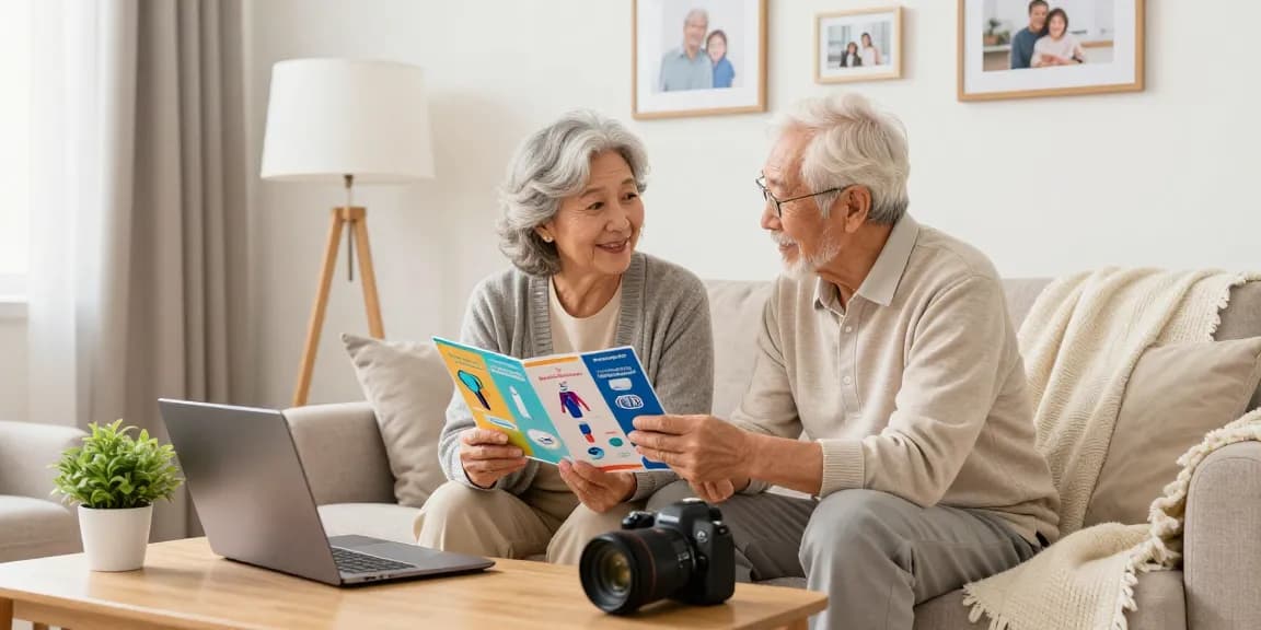Senior couple discussing incontinence supplies in a cozy living room, showcasing product brochures and online options.