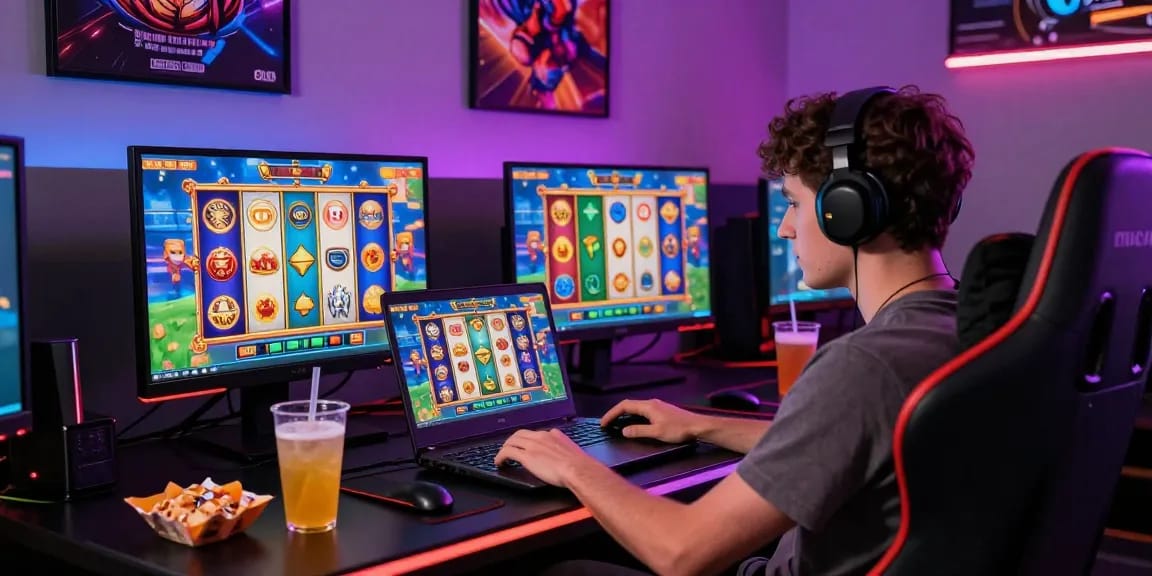 Pengalaman bermain slot online yang menarik dengan pemain fokus di laptop dan grafis permainan yang berwarna-warni.