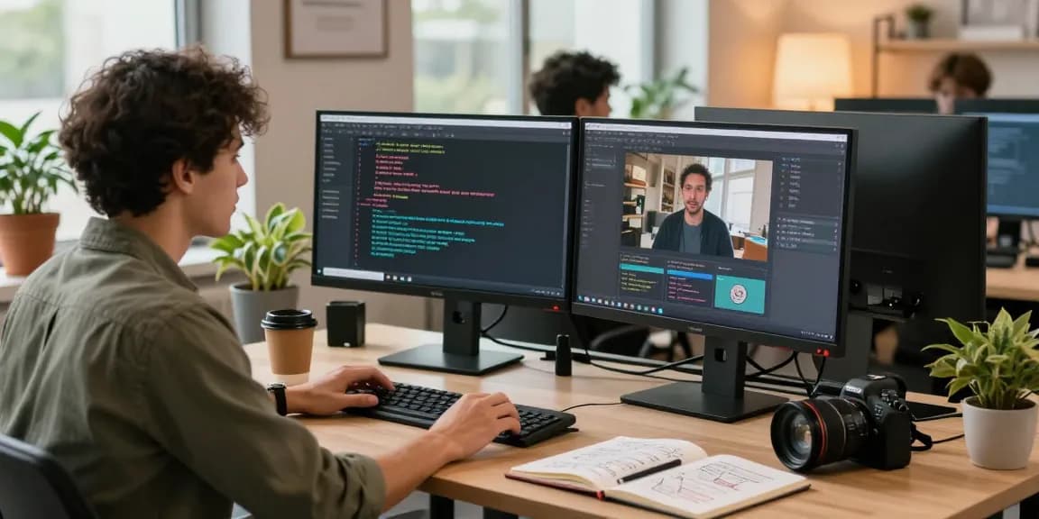 Engineer working with an AI video generator tool, showcasing coding and video creation in a modern office.
