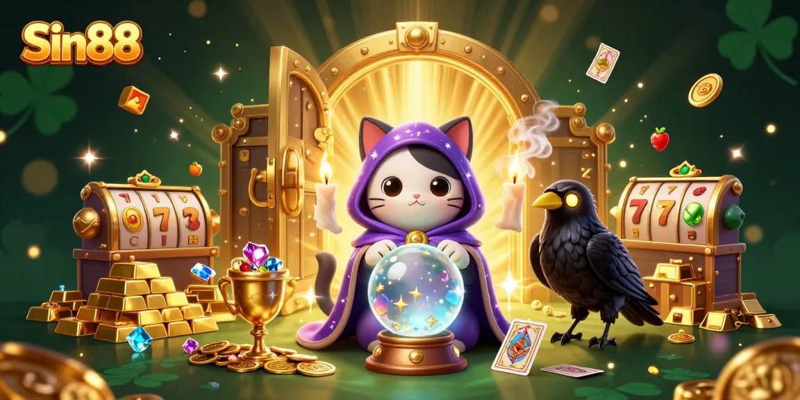 Engage with Sin88's vibrant casino adventure featuring a mystic fortune teller and treasure elements.