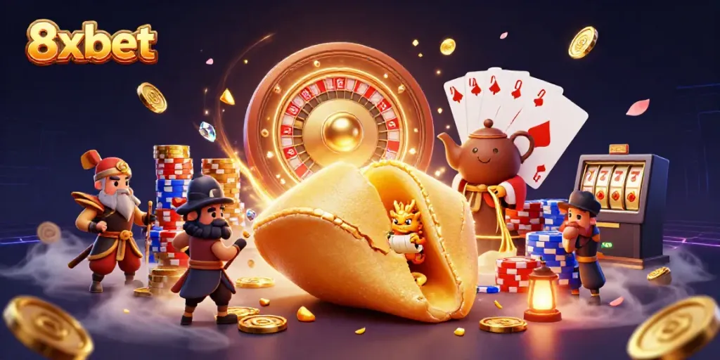 Experience the thrill of 8xbet with a lively 3D casino illustration featuring diverse gaming elements.