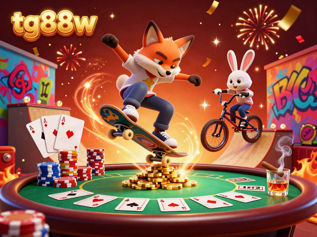 Experience the vibrant energy of tg88w with a 3D fox and rabbit in a dynamic casino scene.