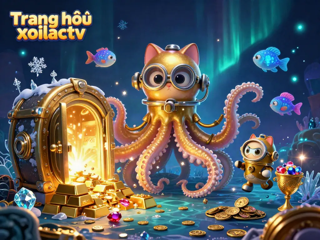 Watch the colossal kraken and diving cat in Trang chủ xoilactv's exciting underwater treasure scene filled with gems and riches.