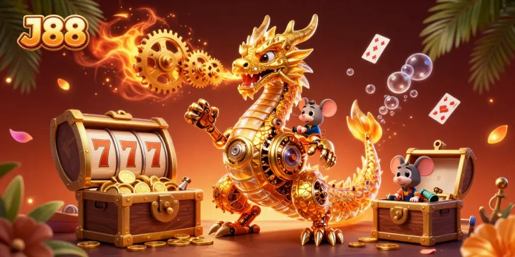 Experience the thrill of J88 with a golden dragon and vibrant casino elements.