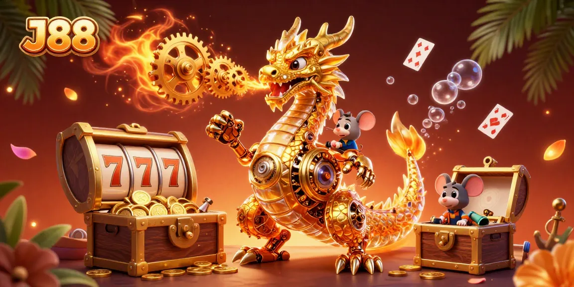 Experience the thrill of J88 with a golden dragon and vibrant casino elements.