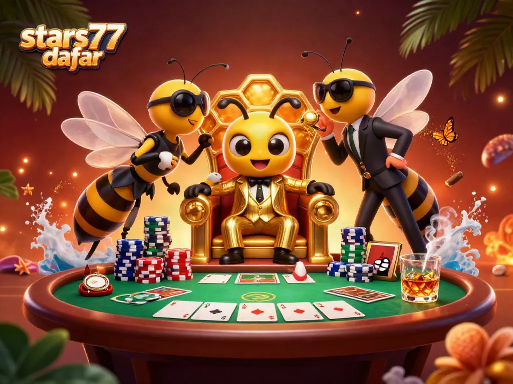 Ikhtisar visual tentang stars77 daftar dengan karakter kasino dan elemen permainan yang dinamis.