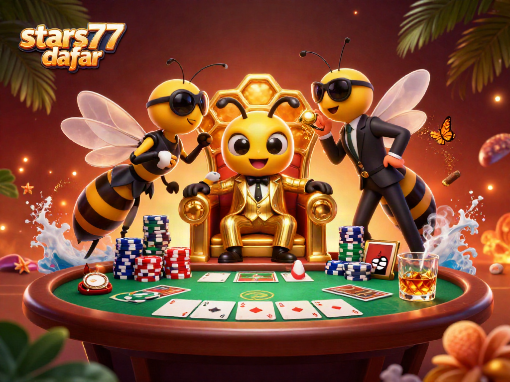 Ikhtisar visual tentang stars77 daftar dengan karakter kasino dan elemen permainan yang dinamis.
