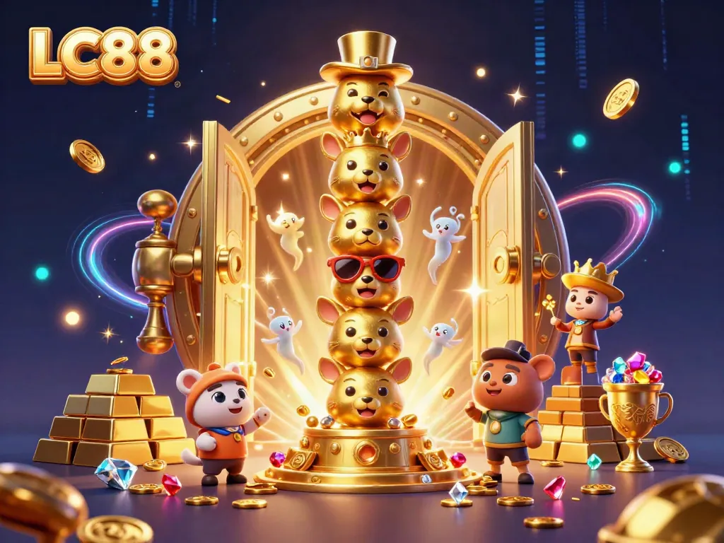 LC88 captivates with animated casino-themed elements, showcasing a vibrant gambling experience in a colorful 3D illustration.