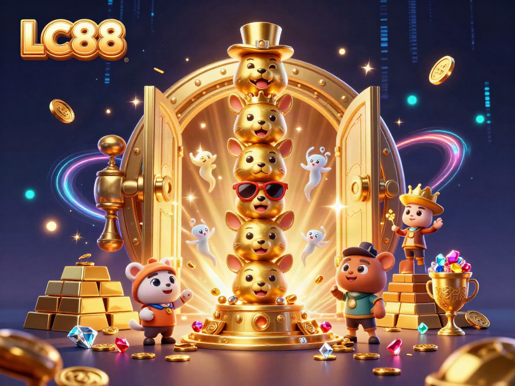 LC88 captivates with animated casino-themed elements, showcasing a vibrant gambling experience in a colorful 3D illustration.