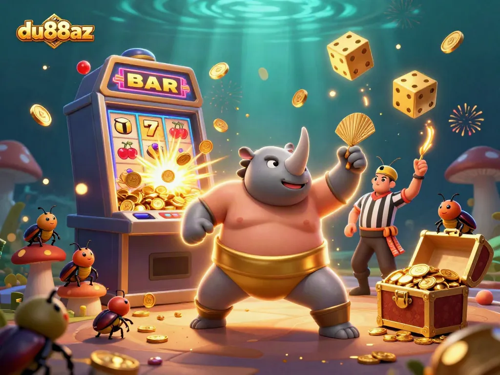 Experience thrilling wins at du88az with a cartoon beetle champion amidst a jackpot explosion and golden coins.
