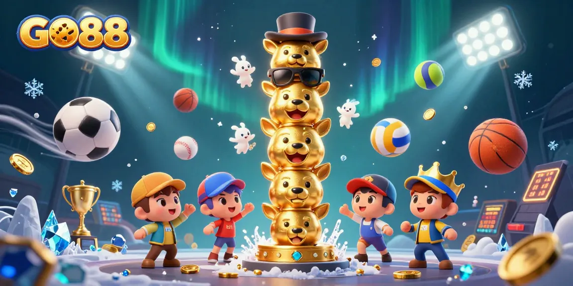 GO88 showcases a vibrant 3D casino scene featuring a dancing totem and dynamic sports elements.