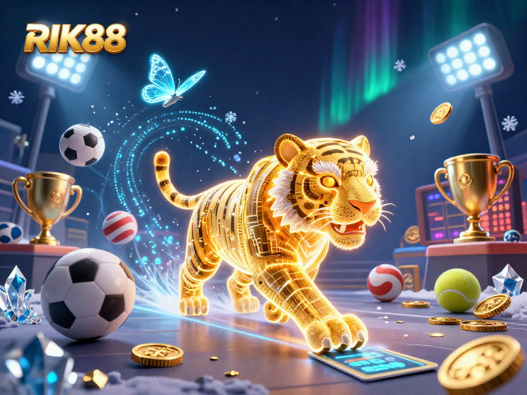 Experience the thrilling world of RIK88 with a neon-wireframe tiger in a digital casino landscape.