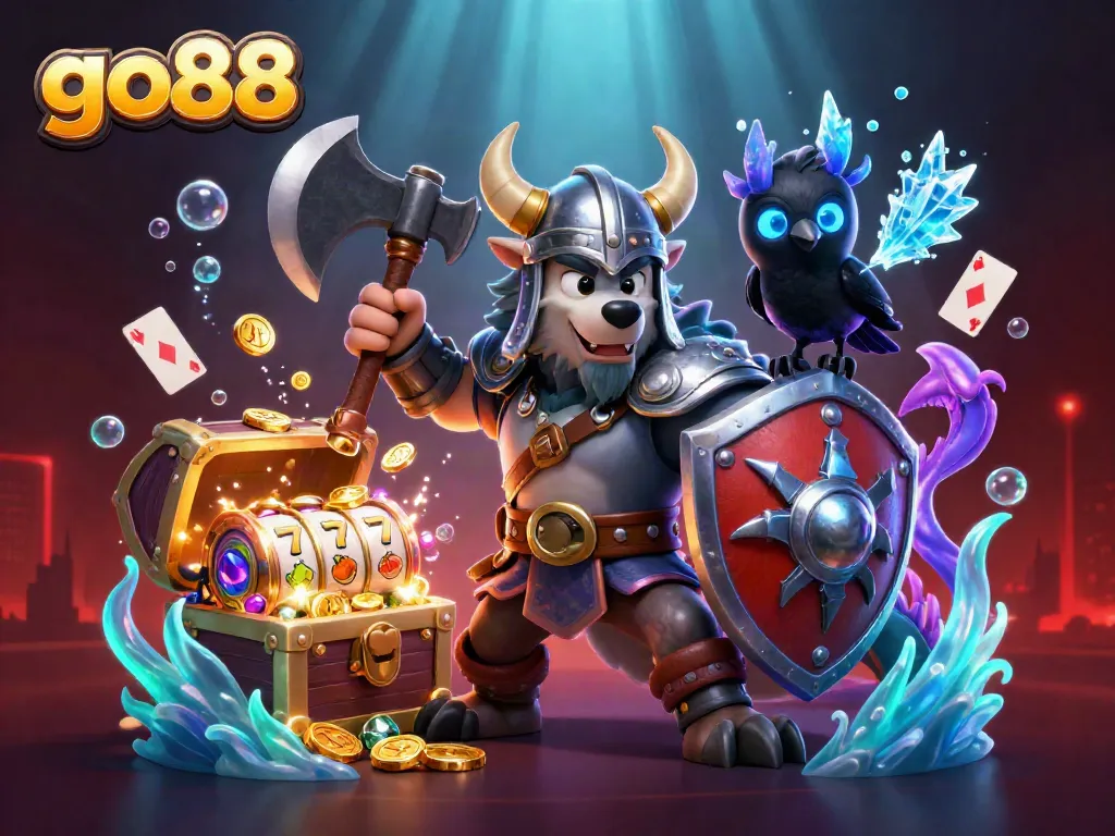 Engage with go88's thrilling slot adventures featuring a Viking wolf warrior, a fierce dragon, and playful game elements.