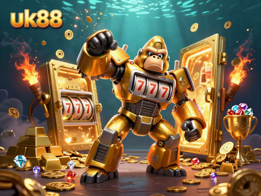 Experience the thrill of uk88 with a stylish golden gorilla mech surrounded by treasures and jackpots.