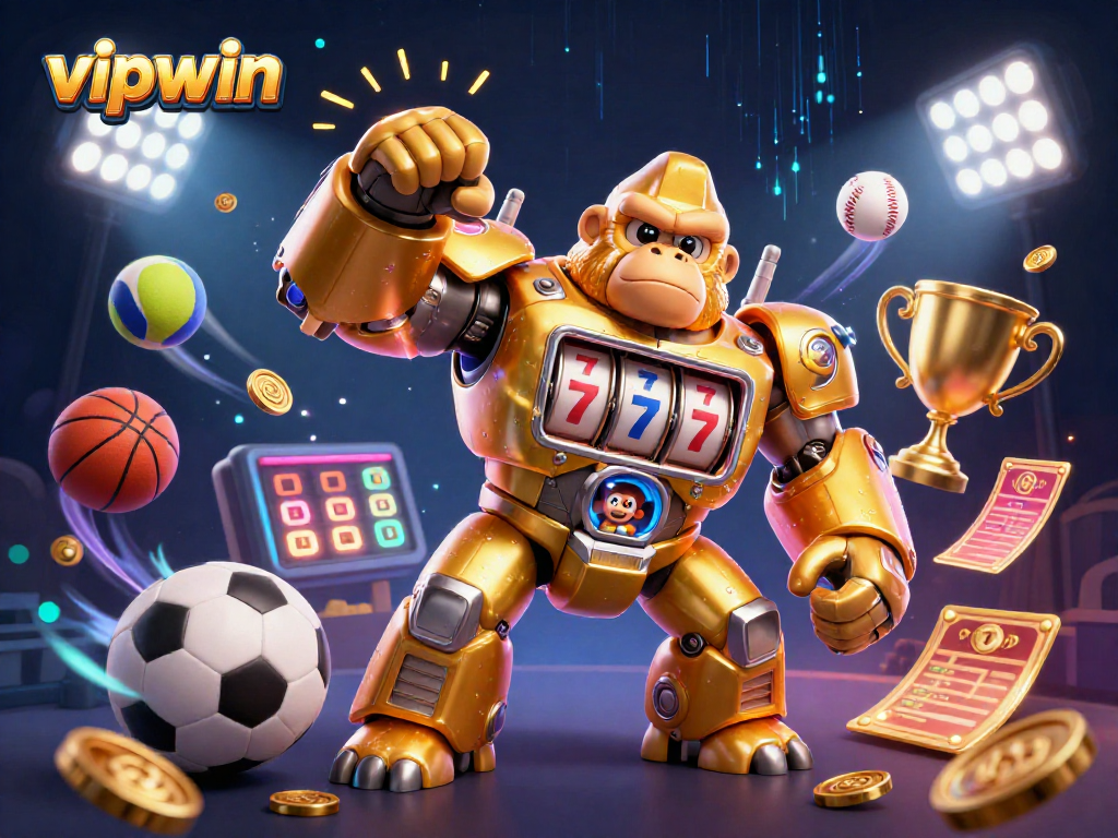 Engage with vipwin's thrilling gaming universe through a vibrant 3D illustration of dynamic slot machines and sports elements.