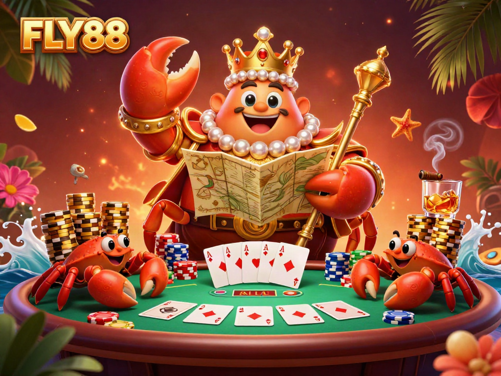 FLY88 casino illustration featuring a golden crab emperor in a vibrant poker scene.