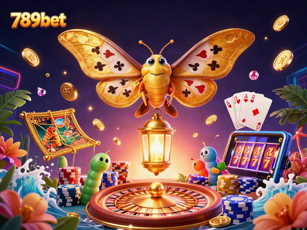 Experience 789bet excitement with glowing moths and casino treasures in an enchanting digital scene.