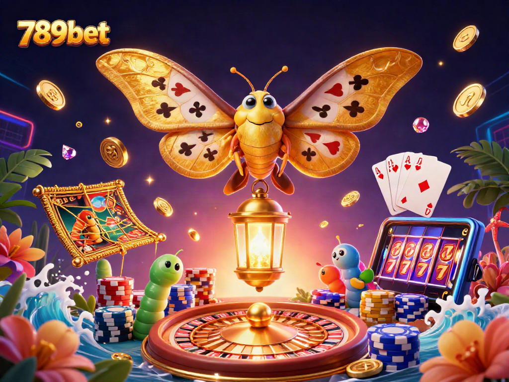 Experience 789bet excitement with glowing moths and casino treasures in an enchanting digital scene.