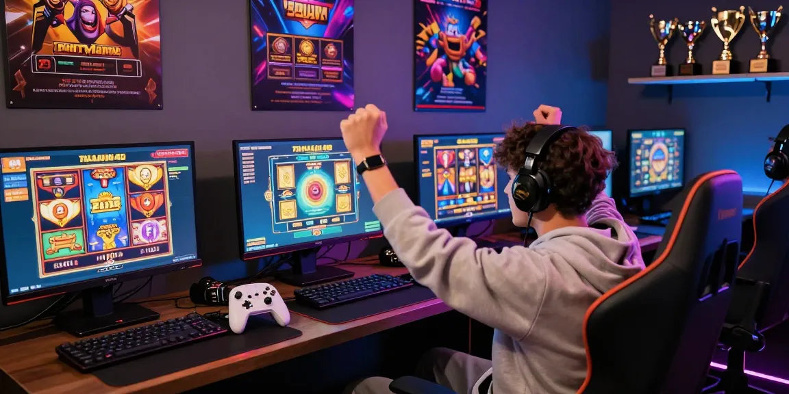 Gamer bersemangat memainkan slot di tahun4d dengan banyak layar menunjukkan berbagai game.
