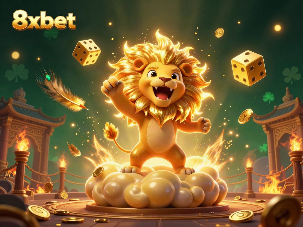 Experience vibrant gaming excitement with 8xbet as a cartoon sun lion roars amidst dynamic casino elements.