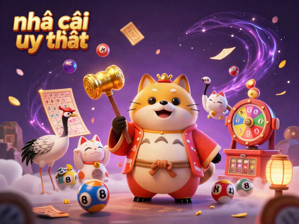Engaging 3D illustration showcasing the vibrant spirit of nhà cái uy tín with a cheerful tanuki and playful lottery elements.