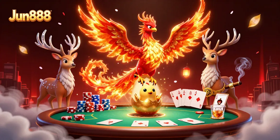 Experience thrilling action with Jun888 as a fire phoenix and mystical stag in a vibrant casino scene.