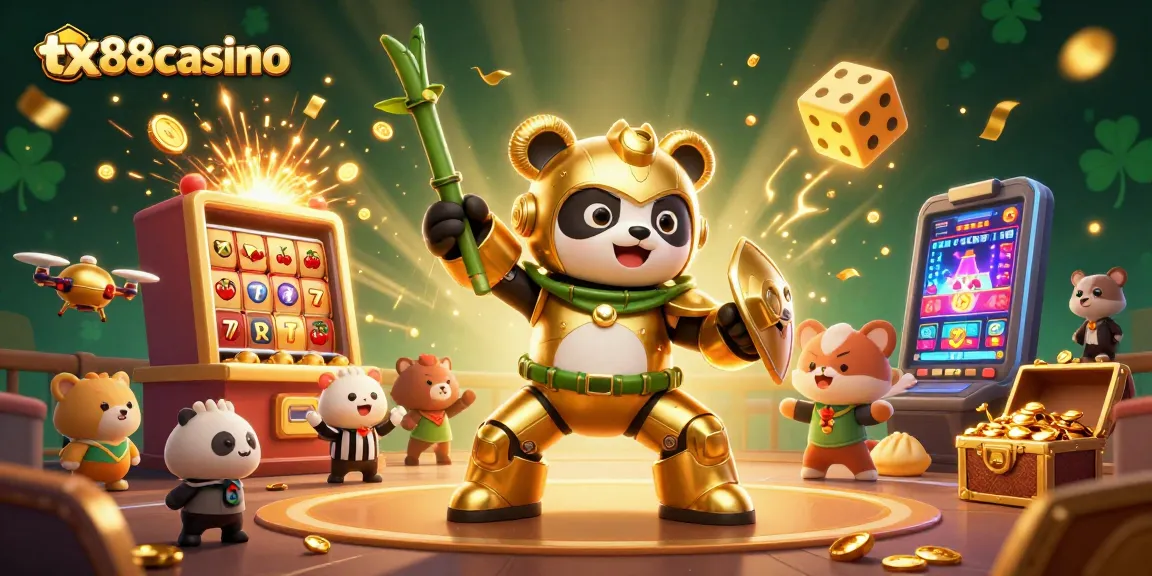 Engage with thrilling tx88casino fun, showcasing a golden panda in an action-packed gambling arena.