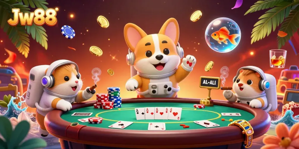 Engage with Jw88 through vibrant casino action in a space setting with poker chips and characters.