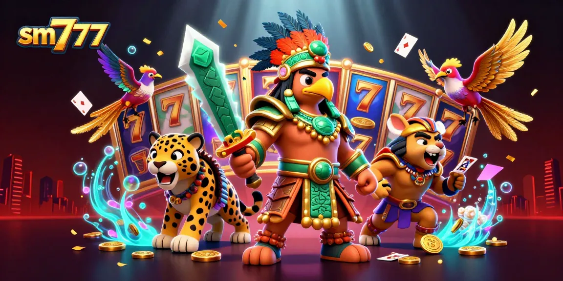 Experience the thrilling gameplay at sm777 featuring vibrant slots, Aztec warriors, and dynamic casino elements.