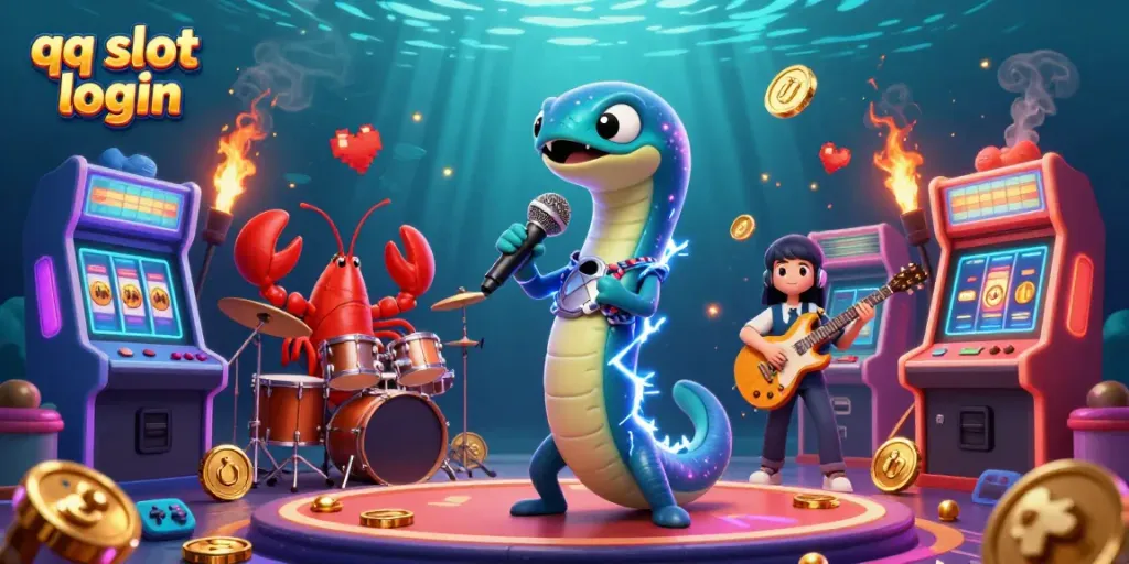 Experience the thrill of games with qq slot login via electric eel DJ and friends in a vibrant underwater scene.