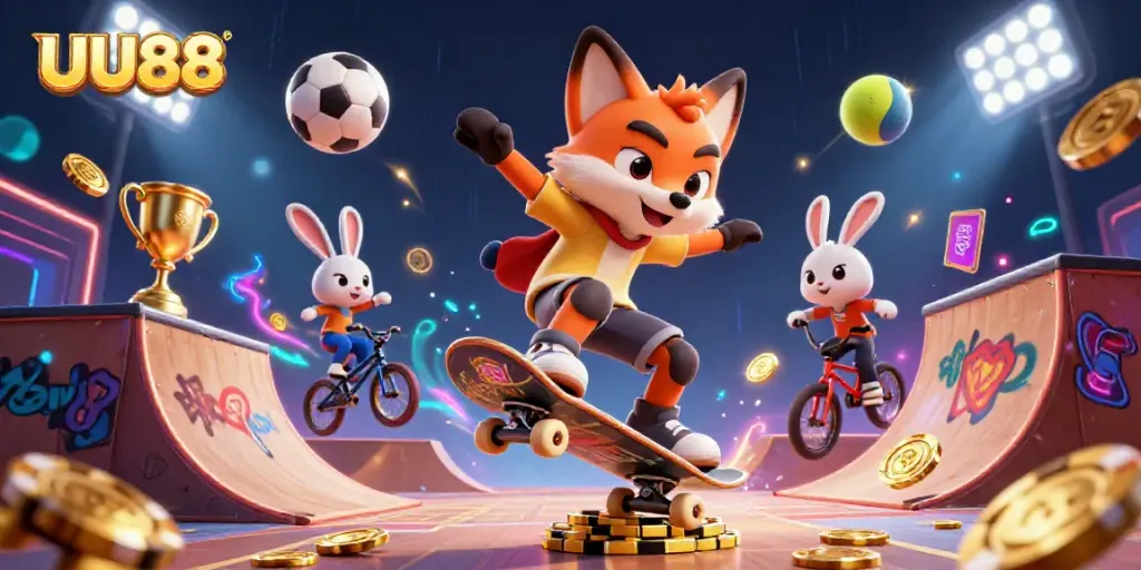 UU88 offers dynamic gaming excitement with a skateboarder fox and BMX rabbit in a casino-themed scene.