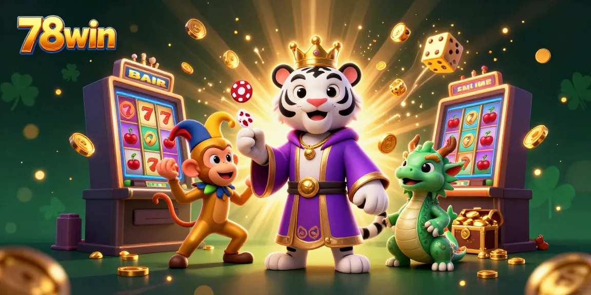Experience the thrilling world of 78win, where a majestic tiger and monkey celebrate in a vibrant casino.