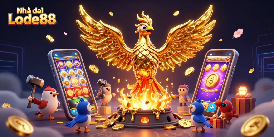 Engage with Nhà cái Lode88 through a vibrant 3D casino scene filled with coins and game elements.